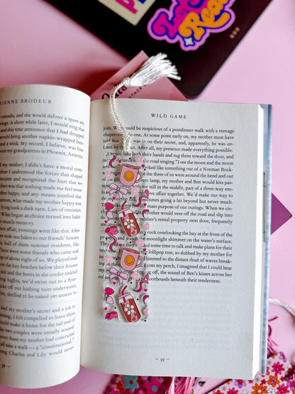 Strawberries & Bows Acrylic Bookmark for Book Lovers and Readers, Coquette, Bows, Smiley Face