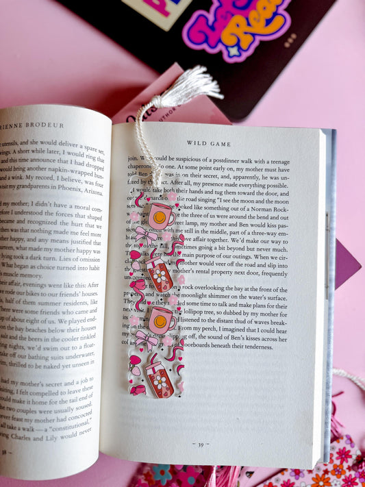 Coffee and Books Acrylic Bookmark for Book Lovers and Readers, Coquette, Bows, Smiley Face