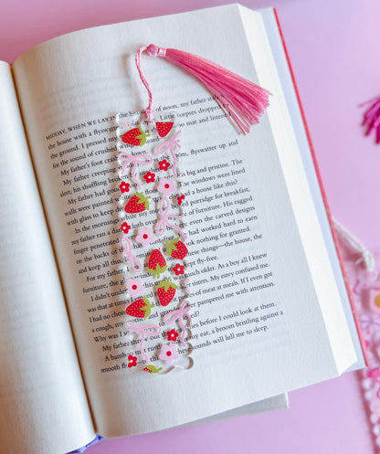 Strawberries & Bows Acrylic Bookmark for Book Lovers and Readers, Coquette, Bows, Smiley Face