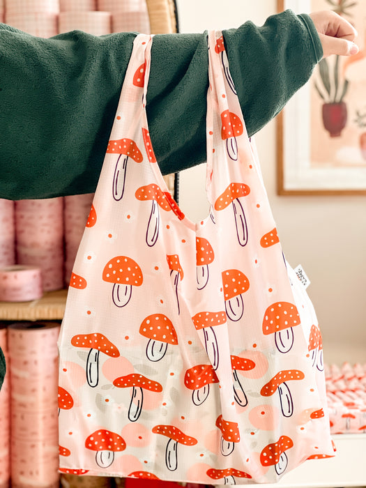 Boho Mushrooms & Florals - Large Orange and Pink Reusable Tote for Mail or Groceries