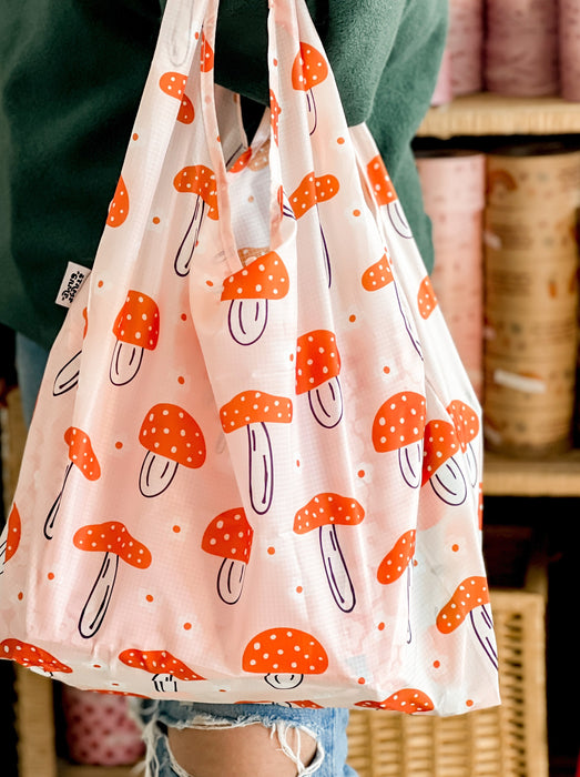 Boho Mushrooms & Florals - Large Orange and Pink Reusable Tote for Mail or Groceries